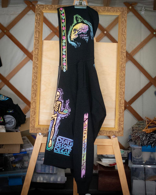 Death Before Decaf Hoodie with Cat Skull Detailing