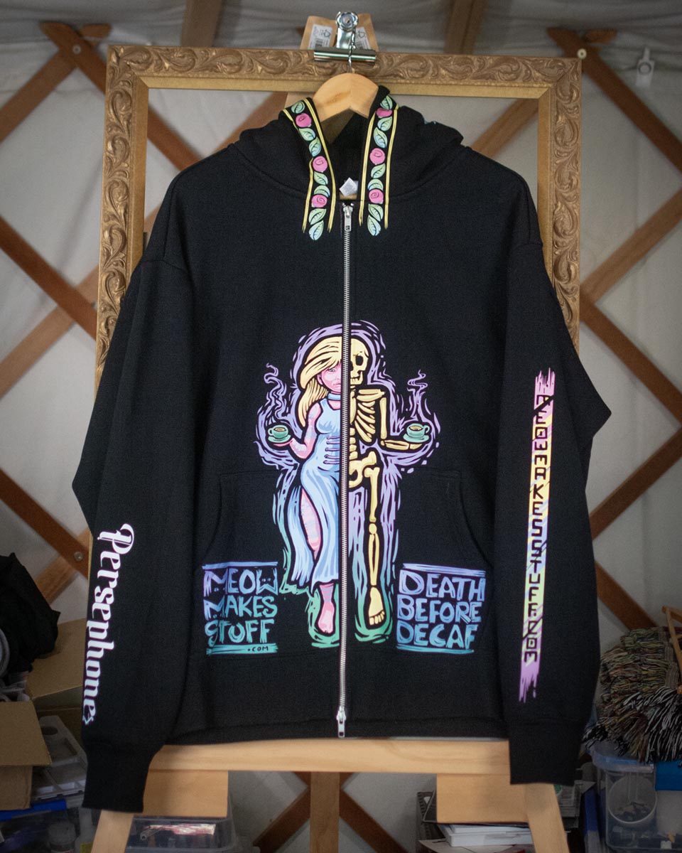 Death Before Decaf Hoodie with Cat Skull Detailing