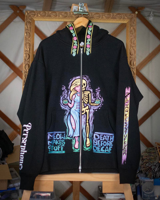 Death Before Decaf Hoodie with Cat Skull Detailing